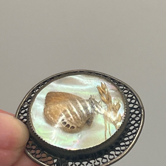 Victorian morpho butterfly wing silver tone filigree round brooch pin vintage - Picture 2 of 16